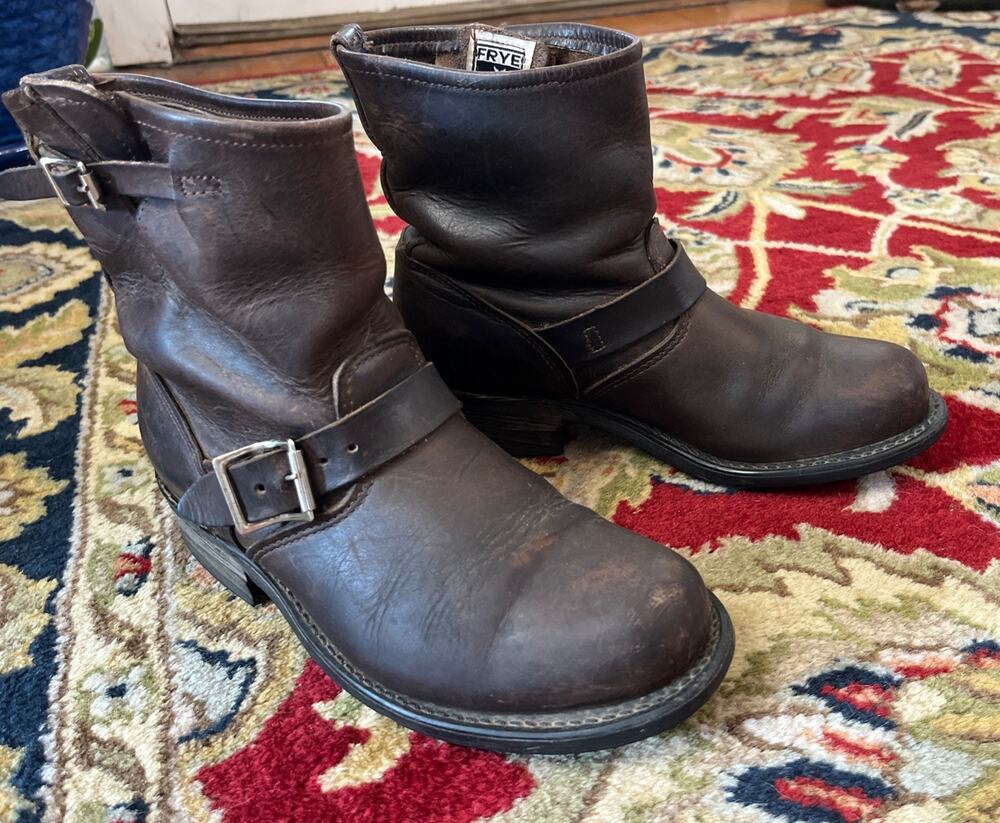 FRYE Short Brown Leather Buckle Strap Engineer Boots Women 8.5 M Vintage USA